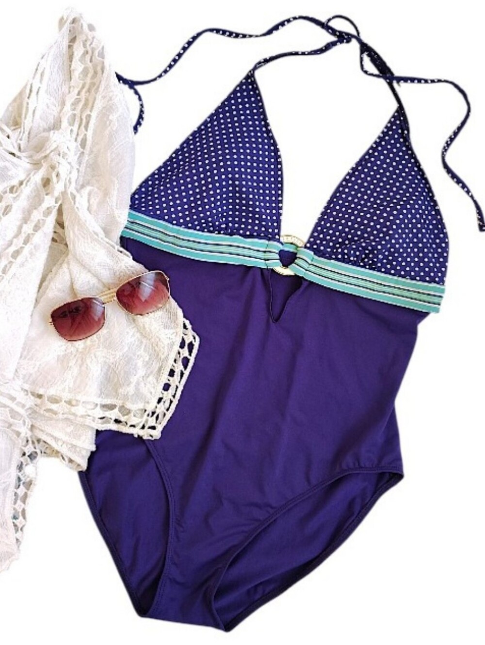 VTG Ralph Lauren One Piece Halter Swimsuit SZ 12 Purple‎ Teal Colorblock Print